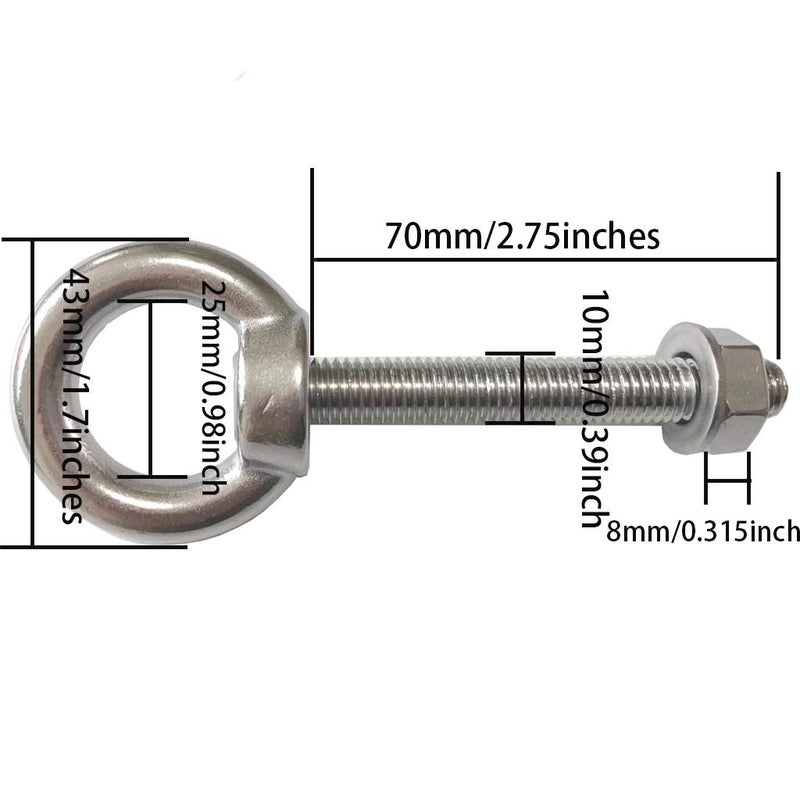 AIVOOF Shoulder Eye Bolt, 2 Pack M10 Stainless Steel Shoulder Eye Bolts 2.75" Eye Bolts Heavy Duty EyeBolts Screws in Eye Hooks with Washer and Nuts Muti-Function for Indoor Outdoor, Thread 70mm - Image 2
